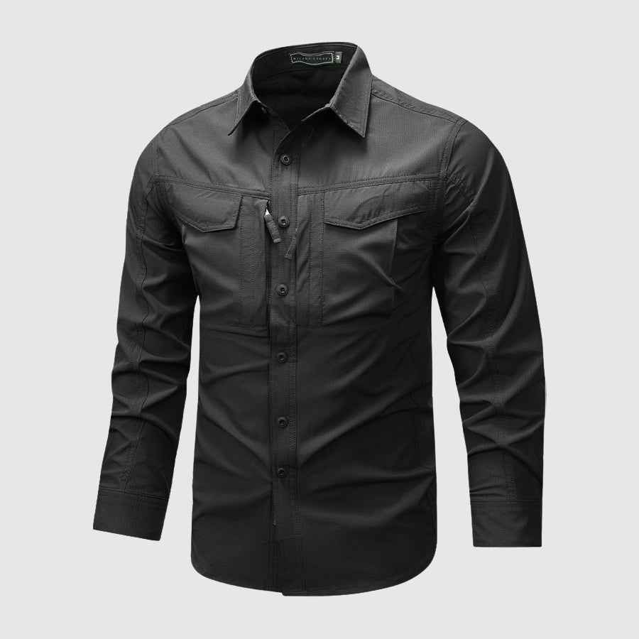 Men's Regular Fit Utility Shirt | Collared Long Sleeve Shirt Black