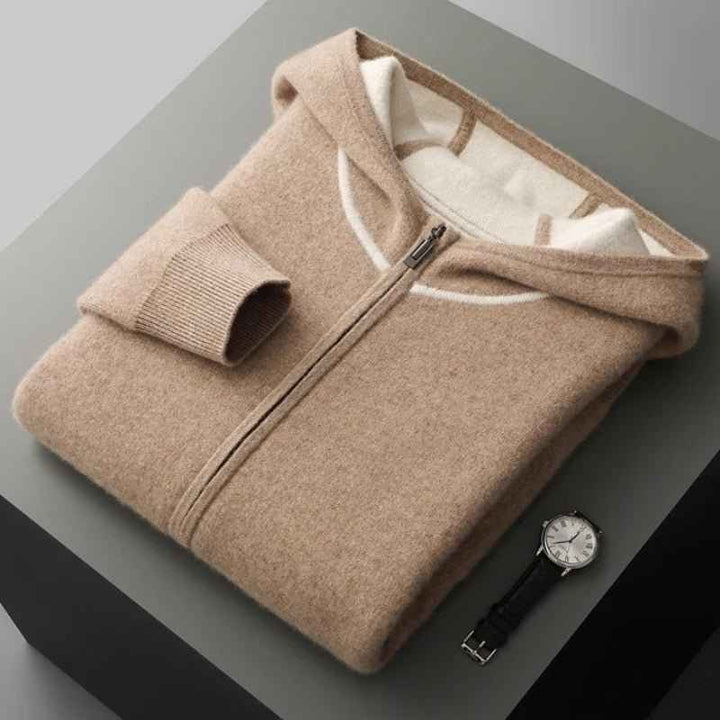 Men's Regular Fit Zip Front Hoodie with Contrast Trim Tan