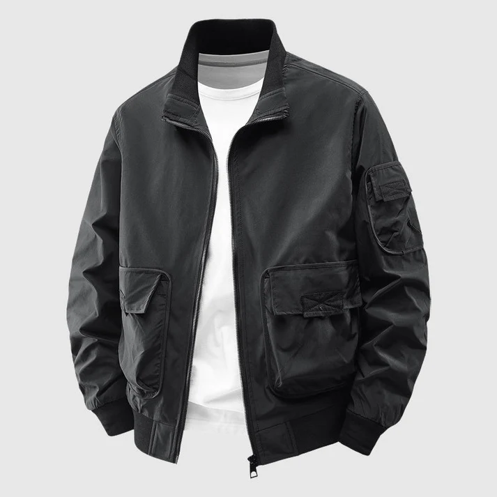 Men's Relaxed Fit Bomber Jacket | Hip-Length Stand-Up Collar Design Classic Black