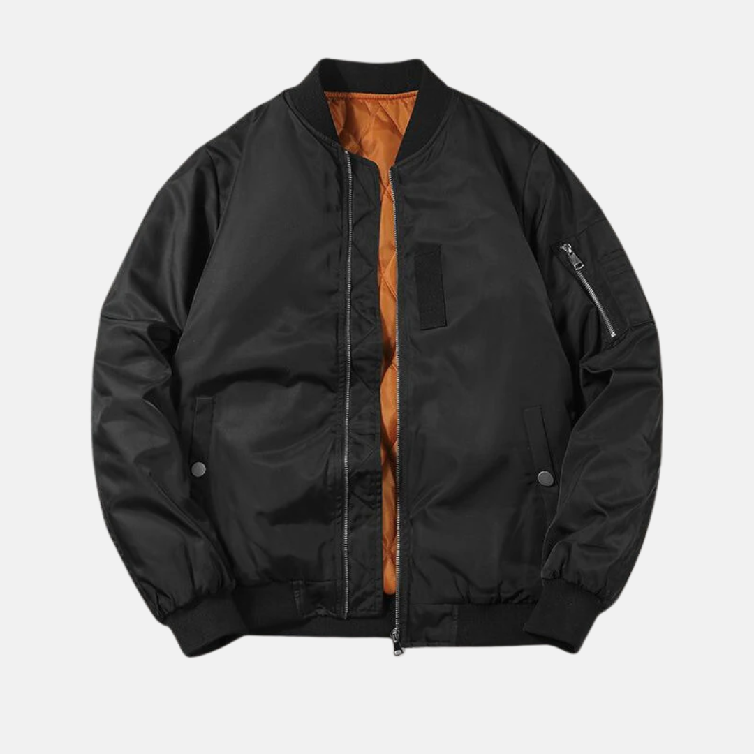Men's Relaxed Fit Bomber Jacket – Padded Interior, Ribbed Trims, Zipper Sleeve Pocket Black