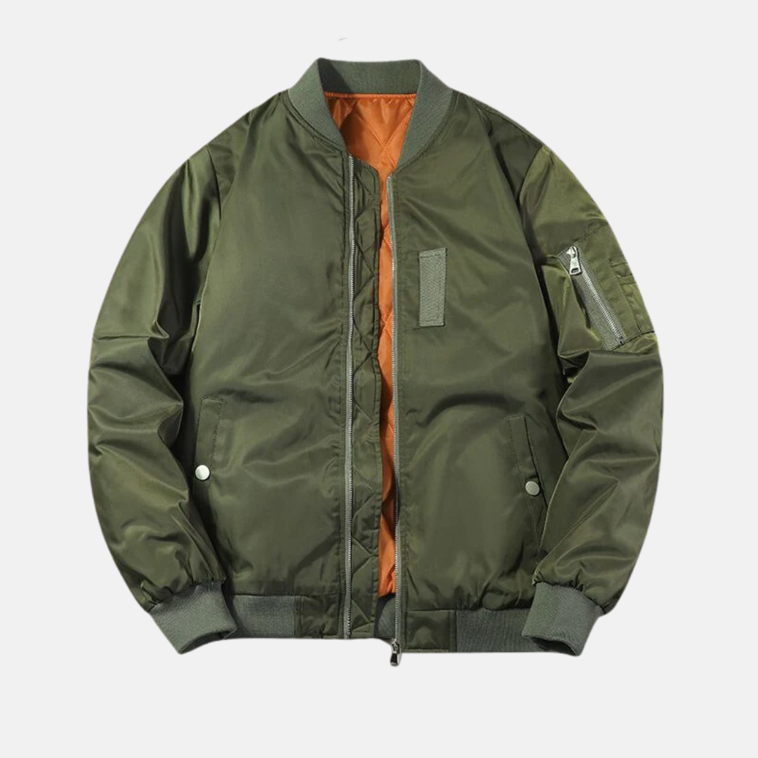 Men's Relaxed Fit Bomber Jacket – Padded Interior, Ribbed Trims, Zipper Sleeve Pocket Green