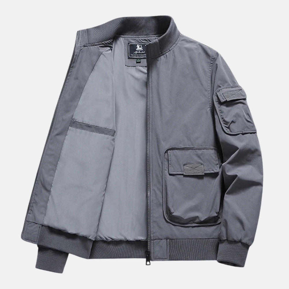 Men's Relaxed Fit Bomber Jacket – Ribbed Trims, Patch Pockets, Full Zip Closure Grey