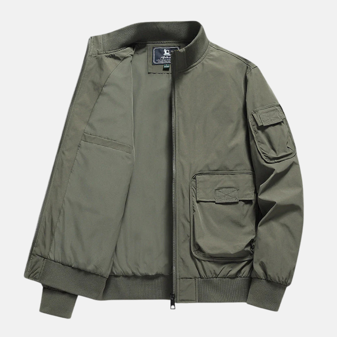 Men's Relaxed Fit Bomber Jacket – Ribbed Trims, Patch Pockets, Full Zip Closure Army Green