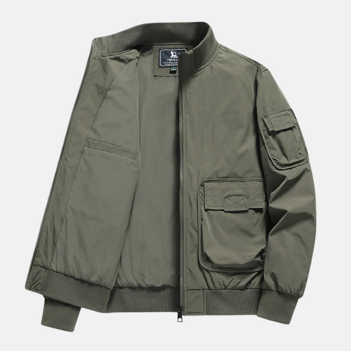 Men's Relaxed Fit Bomber Jacket – Ribbed Trims, Patch Pockets, Full Zip Closure Army Green