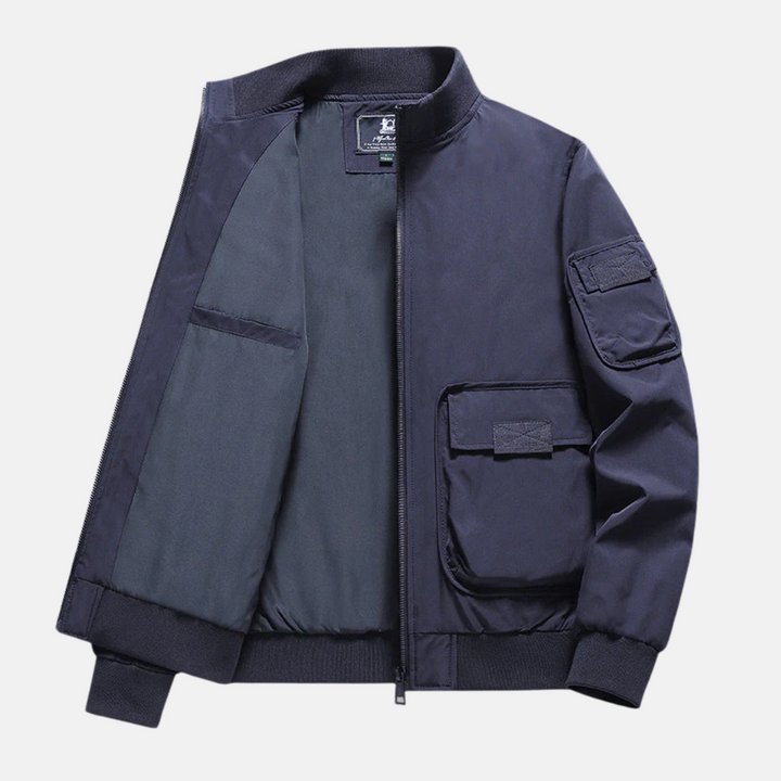 Men's Relaxed Fit Bomber Jacket – Ribbed Trims, Patch Pockets, Full Zip Closure Dark Blue