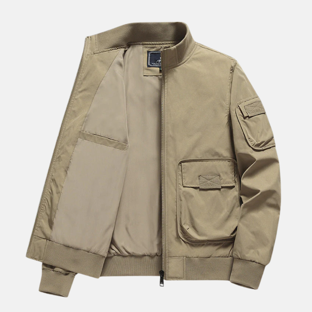 Men's Relaxed Fit Bomber Jacket – Ribbed Trims, Patch Pockets, Full Zip Closure Khaki