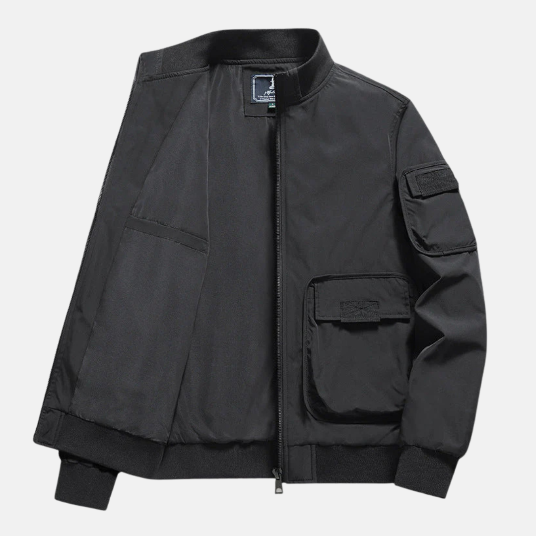 Men's Relaxed Fit Bomber Jacket – Ribbed Trims, Patch Pockets, Full Zip Closure Black