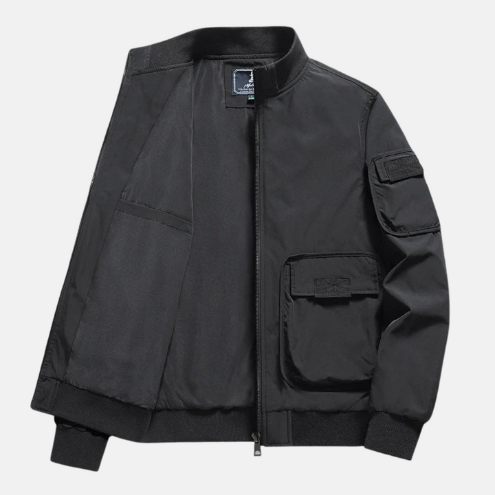 Men's Relaxed Fit Bomber Jacket – Ribbed Trims, Patch Pockets, Full Zip Closure Black