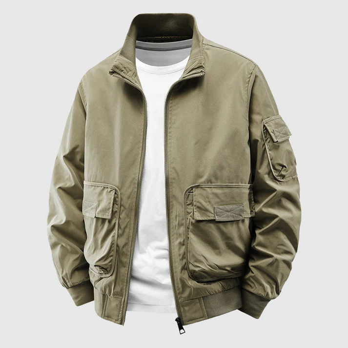 Men's Relaxed Fit Bomber Jacket | Stand-Up Collar Hip-Length Design Sage Green