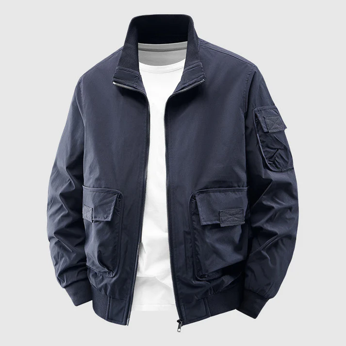 Men's Relaxed Fit Bomber Jacket | Stand-Up Collar Hip-Length Design Navy Blue