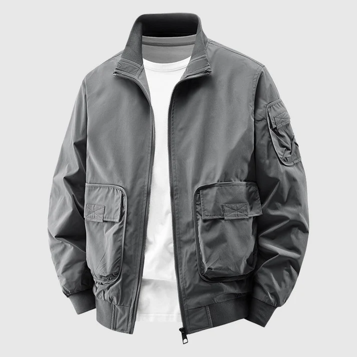 Men's Relaxed Fit Bomber Jacket | Stand-Up Collar Hip-Length Design Grey