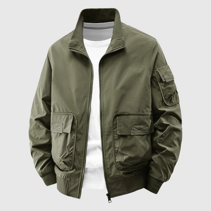 Men's Relaxed Fit Bomber Jacket | Stand-Up Collar Hip-Length Design Army Green