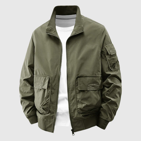 Men's Relaxed Fit Bomber Jacket | Stand-Up Collar Hip-Length Design Army Green
