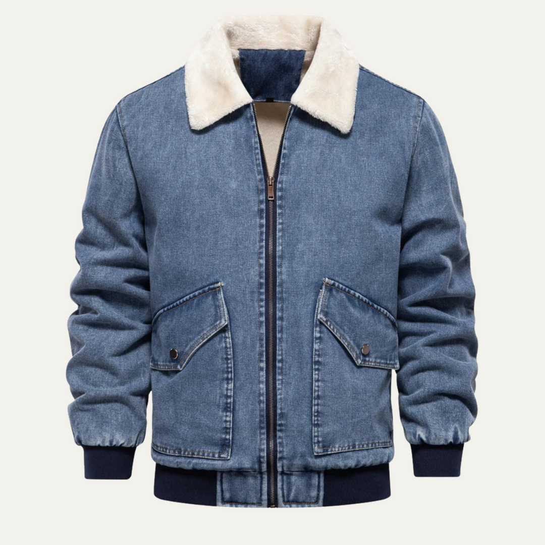 Men's Relaxed Fit Bomber Jacket with Sherpa Collar Dark Blue