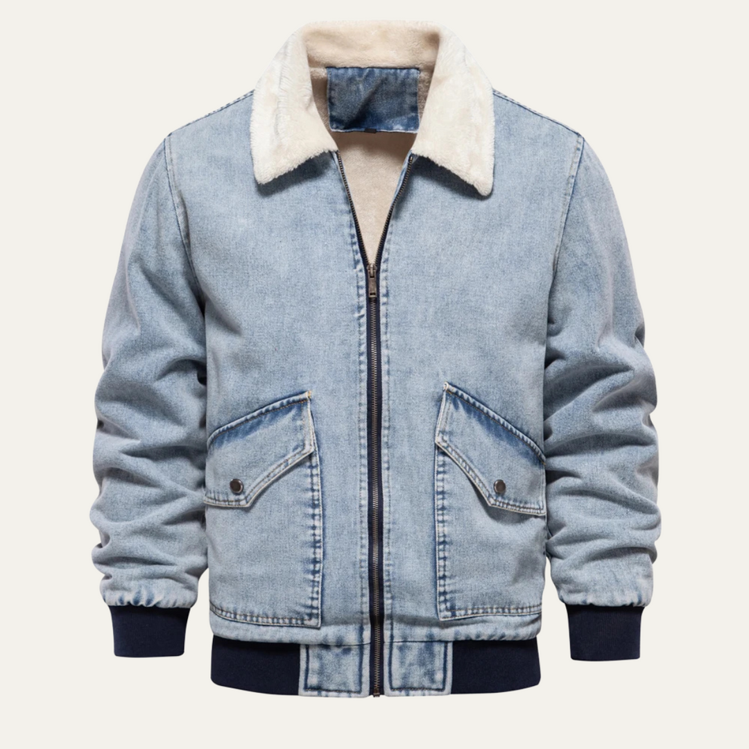 Men's Relaxed Fit Bomber Jacket with Sherpa Collar Light Blue