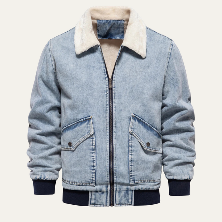 Men's Relaxed Fit Bomber Jacket with Sherpa Collar Light Blue