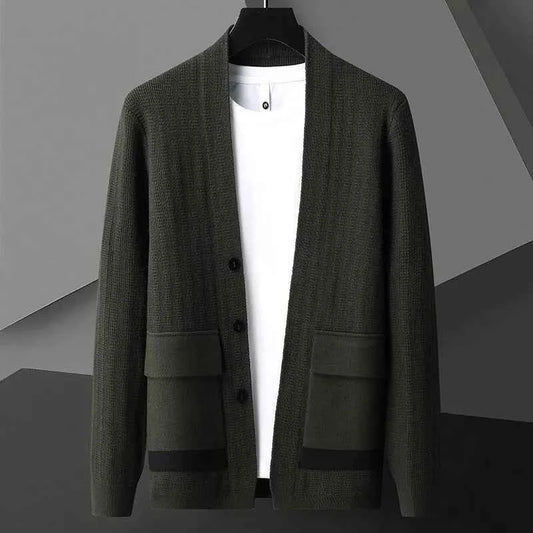 Men's Black Relaxed Fit Button Front Flap Pocket Cardigan Dark Green