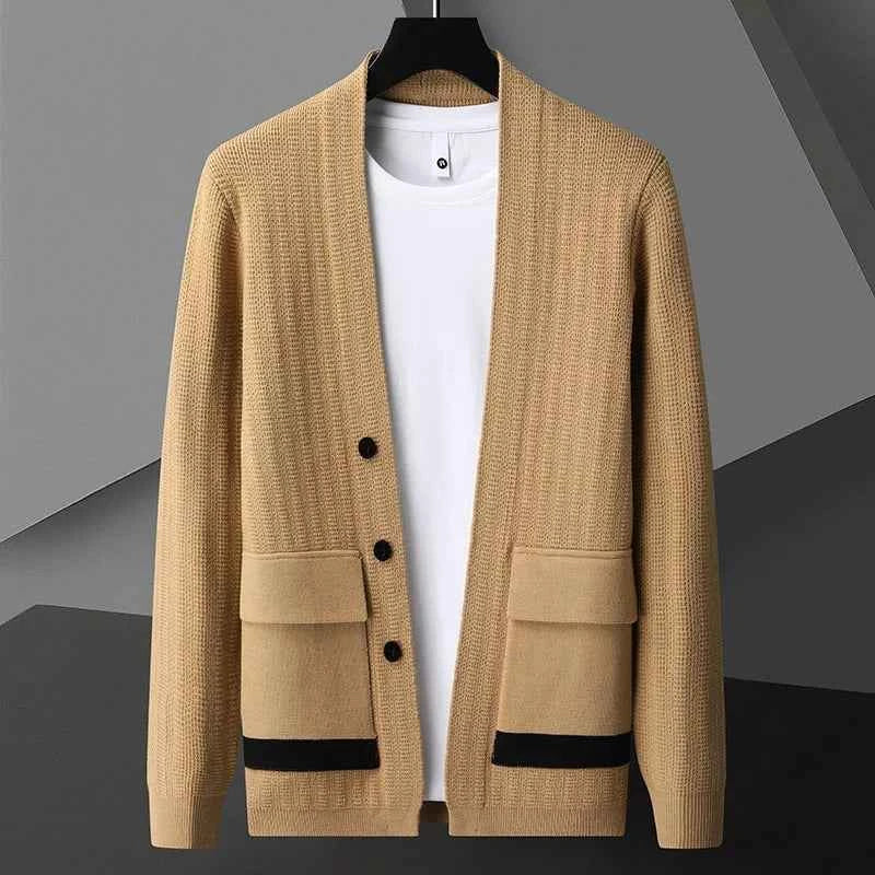Men's Relaxed Fit Cardigan with Button Front and Flap Pockets Khaki