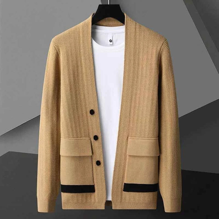 Men's Relaxed Fit Cardigan with Button Front and Flap Pockets Khaki
