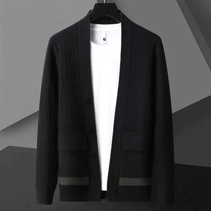 Men's Relaxed Fit Cardigan with Button Front and Flap Pockets Black