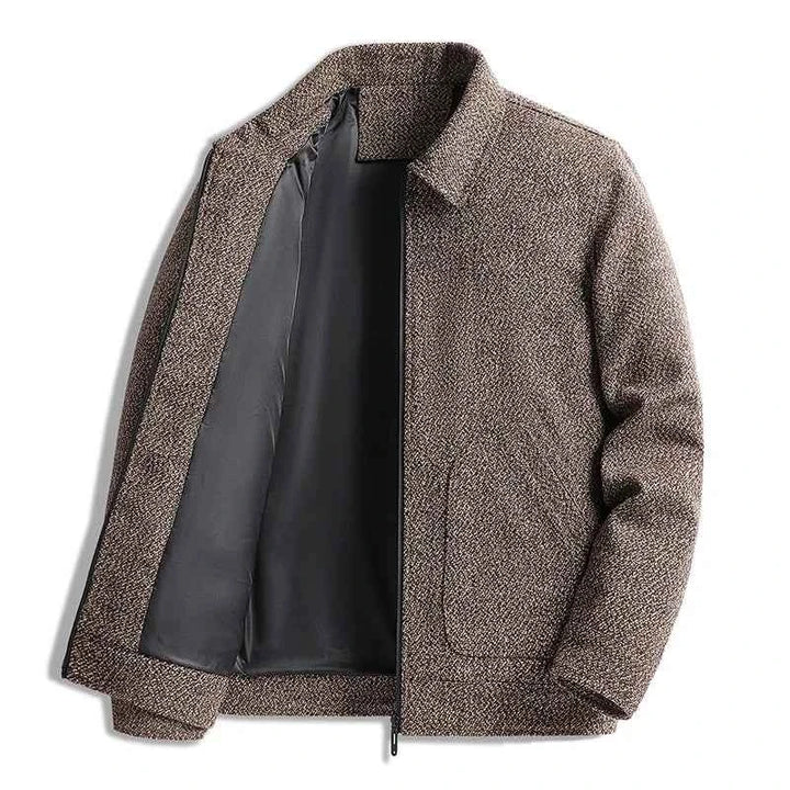 Men's Relaxed Fit Collared Jacket | Zipper Front Hip-Length Design Brown