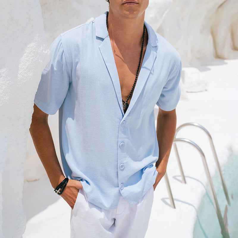 Men's Relaxed Fit Deep V-Neck Short Sleeve Shirt – Breathable Fabric Blue