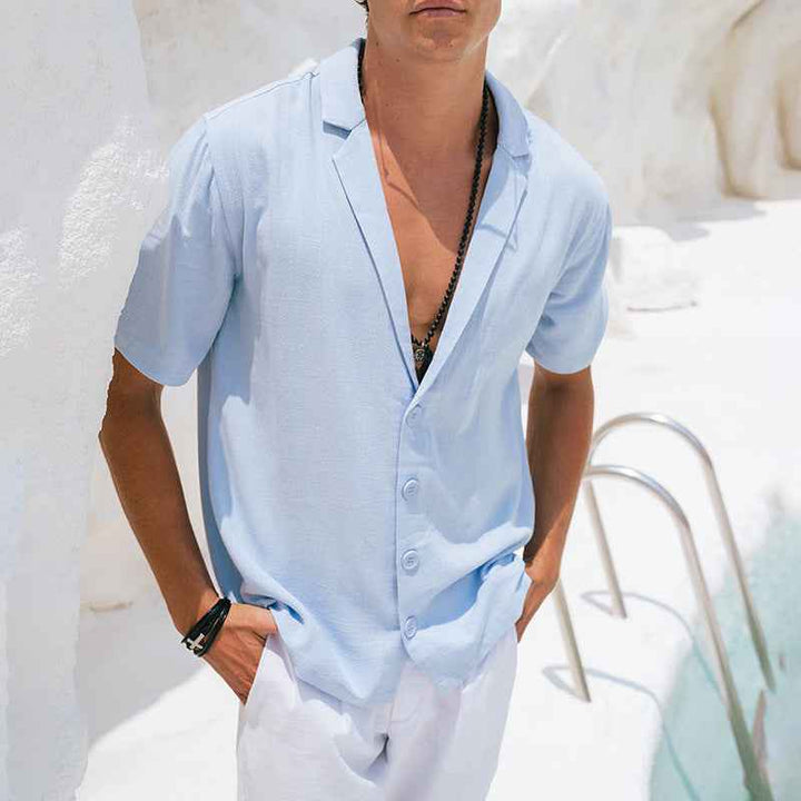 Men's Relaxed Fit Deep V-Neck Short Sleeve Shirt – Breathable Fabric Blue