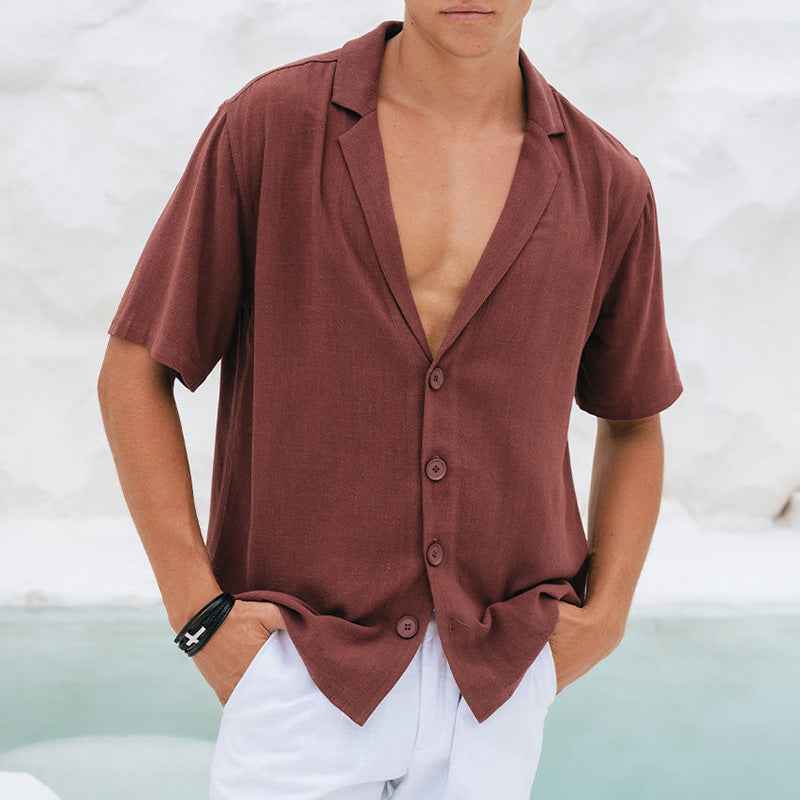 Men's Relaxed Fit Deep V-Neck Short Sleeve Shirt – Breathable Fabric Brick Red