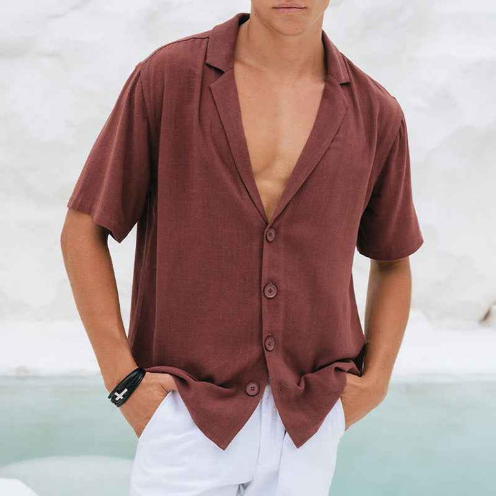 Men's Relaxed Fit Deep V-Neck Short Sleeve Shirt – Breathable Fabric Brick Red