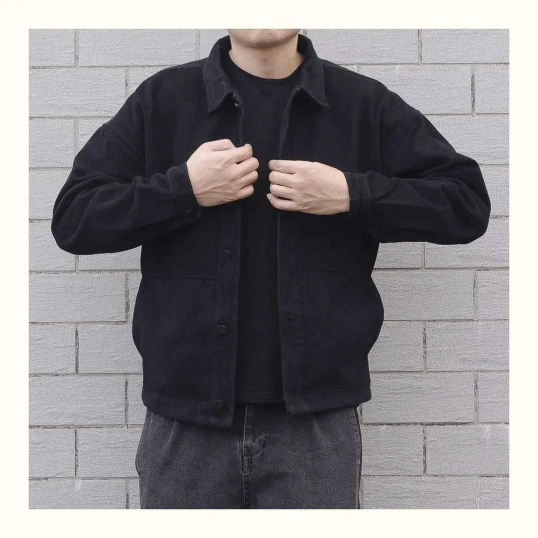 Men's Relaxed Fit Denim Jacket – Casual Layering with Button Closure and Collar Black