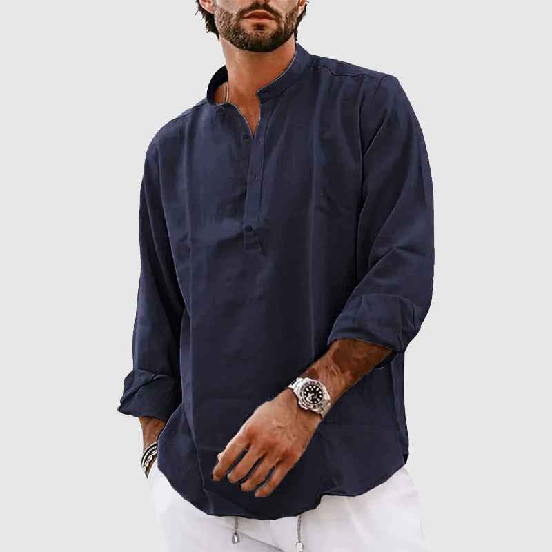 Men's Relaxed Fit Henley Shirt – Breathable Long Sleeve Top Dark Blue
