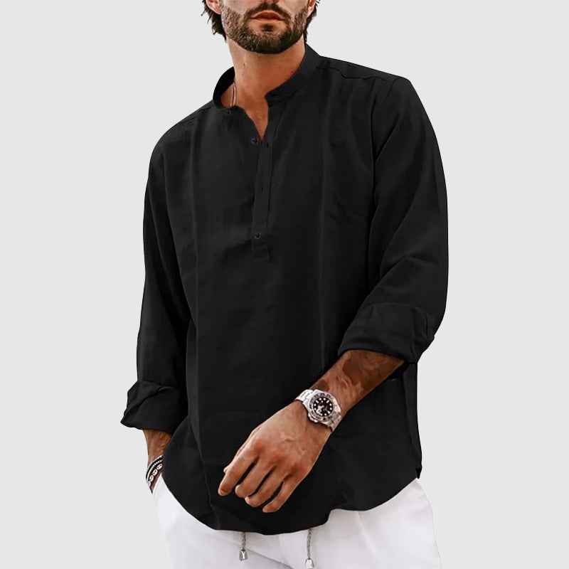 Men's Relaxed Fit Henley Shirt – Breathable Long Sleeve Top Black