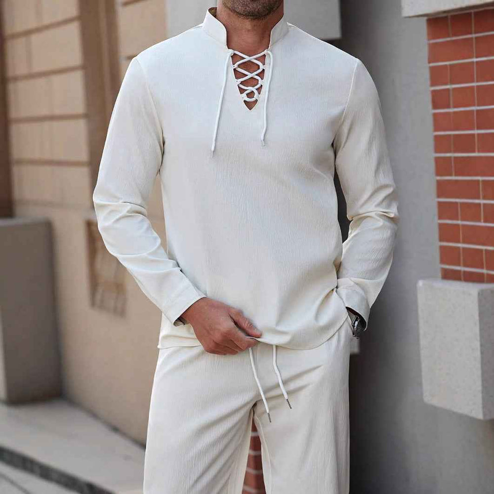 Men's Relaxed Fit Henley Shirt – Natural Fabrics – Lace-up Closure – Band Collar
