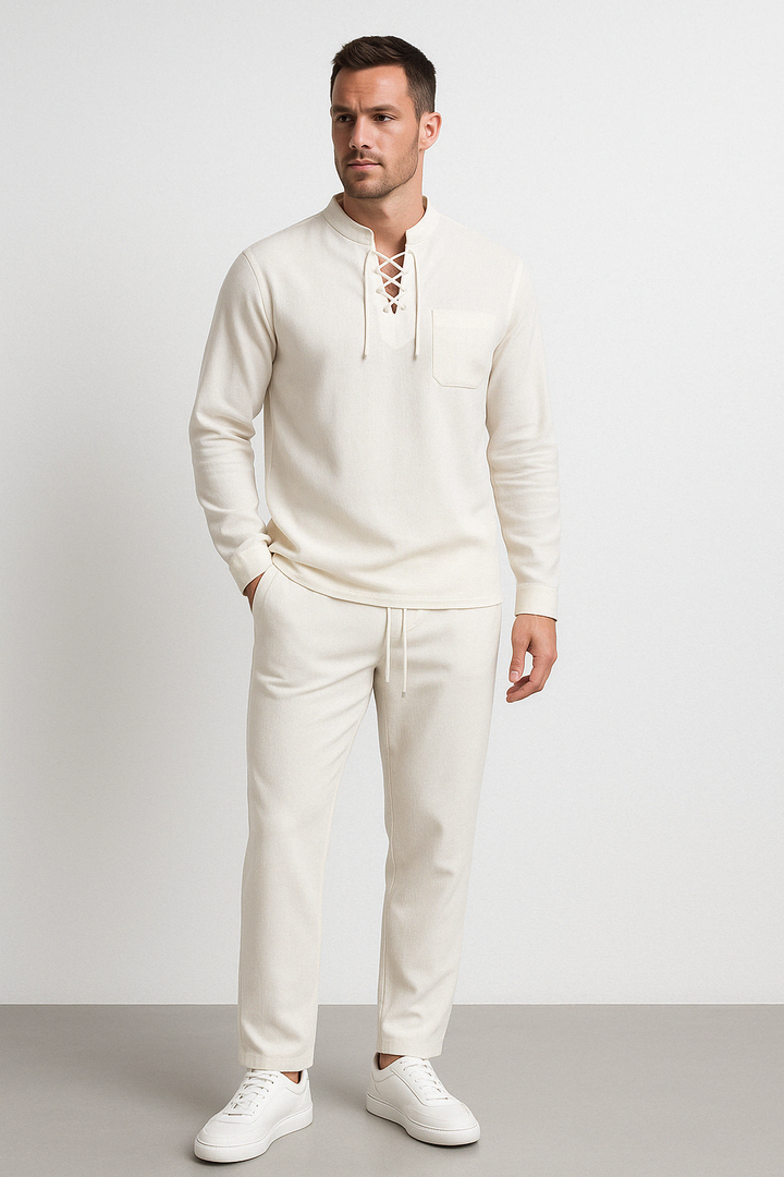 Men's Relaxed Fit Henley Shirt – Natural Fabrics – Lace-up Closure – Band Collar White