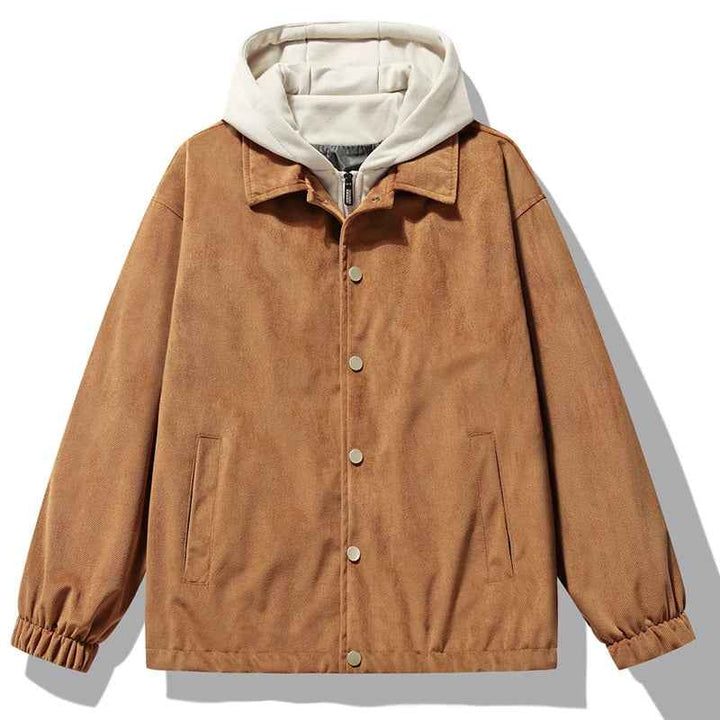 Men's Relaxed Fit Hooded Jacket with Button Front and Side Pockets Brown