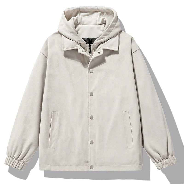 Men's Relaxed Fit Hooded Jacket with Button Front and Side Pockets White