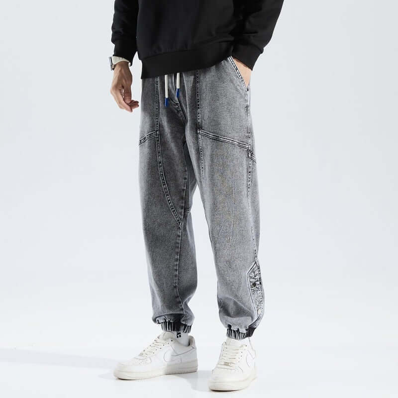 Men's Relaxed Fit Jogging Pants Denim Style Drawstring & Elastic Cuffs Grey