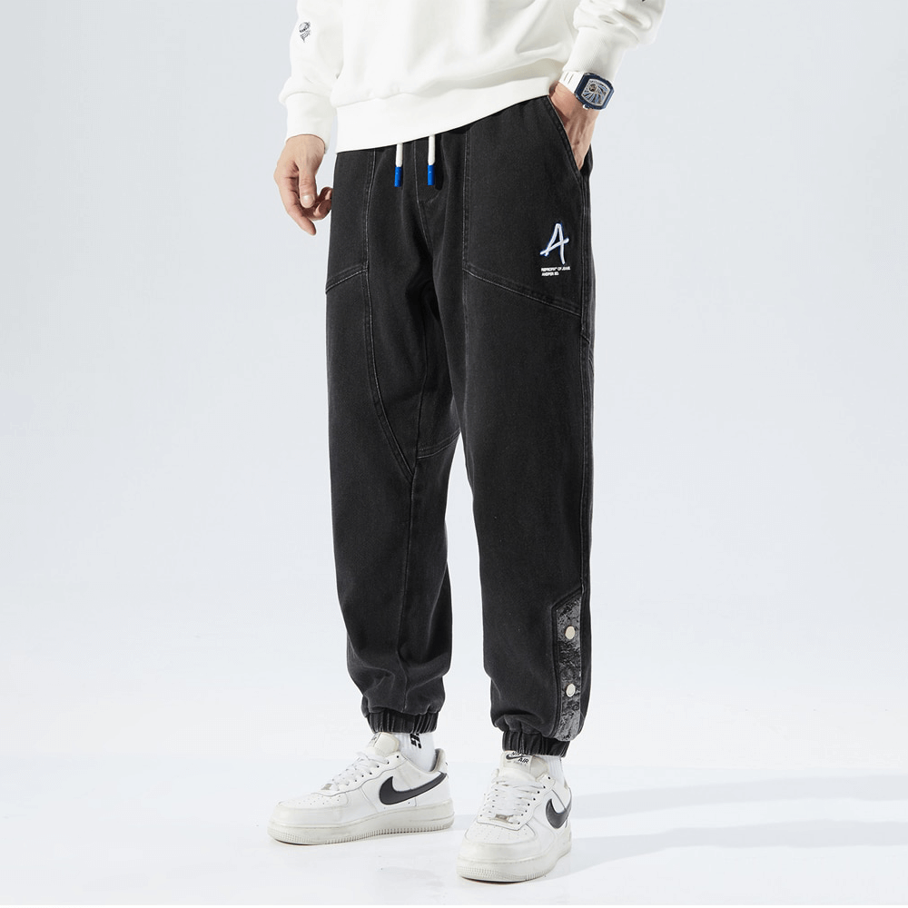 Men's Relaxed Fit Jogging Pants Denim Style Drawstring & Elastic Cuffs Black