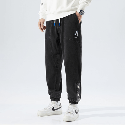 Men's Relaxed Fit Jogging Pants Denim Style Drawstring & Elastic Cuffs Black