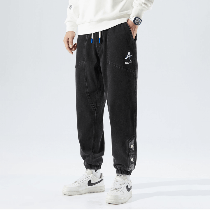Men's Relaxed Fit Jogging Pants – Denim Style – Drawstring & Elastic Cuffs Black