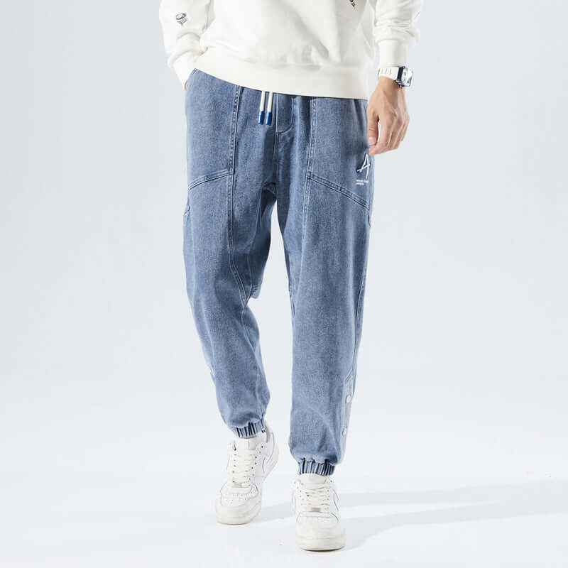 Men's Relaxed Fit Jogging Pants Denim Style Drawstring & Elastic Cuffs Blue
