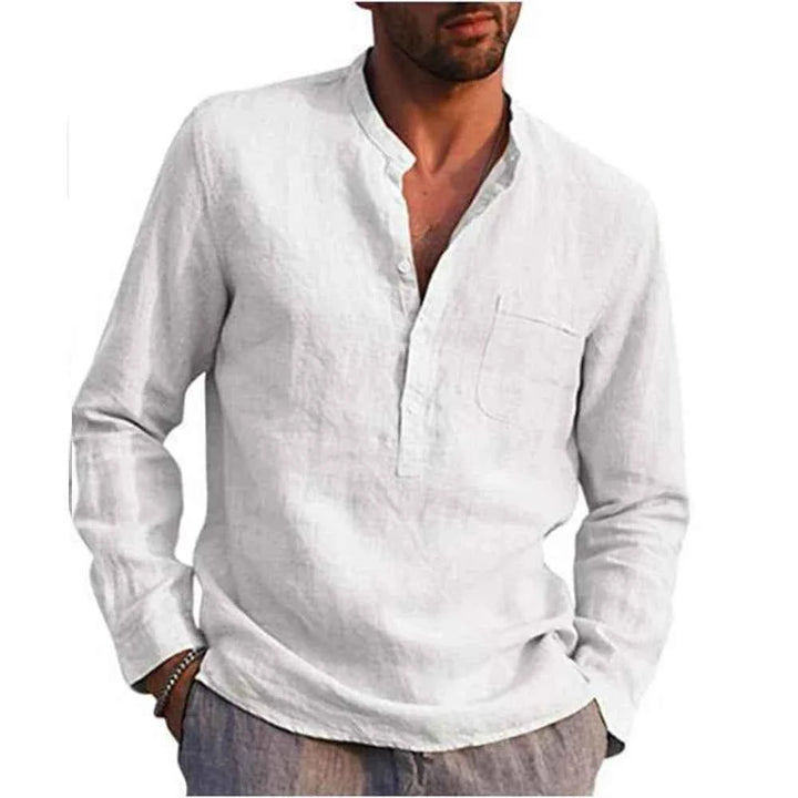 Men's Relaxed Fit Long Sleeve Shirt – Casual Natural Fabric with Stand-Up Collar White