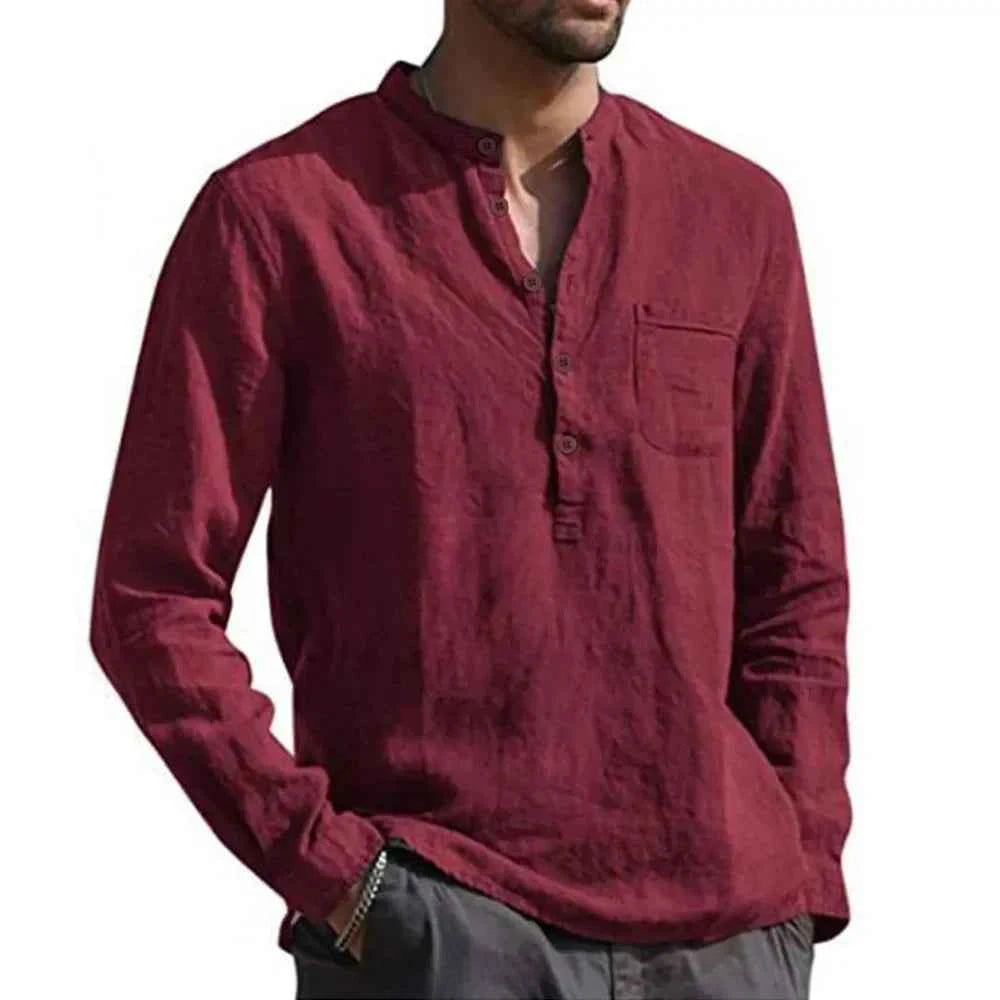 Men's Relaxed Fit Long Sleeve Shirt – Casual Natural Fabric with Stand-Up Collar Wine Red