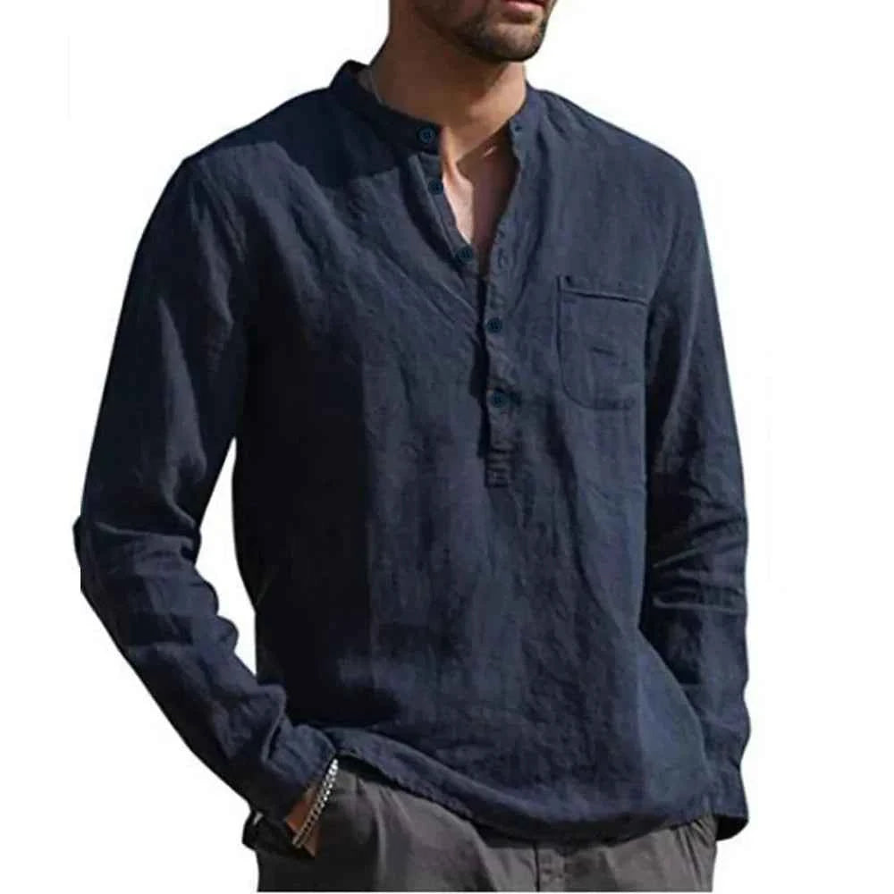 Men's Relaxed Fit Long Sleeve Shirt – Casual Natural Fabric with Stand-Up Collar Navy Blue
