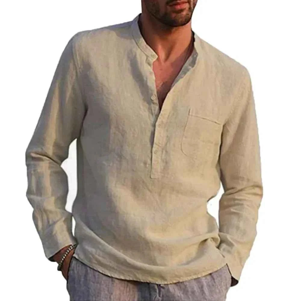 Men's Relaxed Fit Long Sleeve Shirt – Casual Natural Fabric with Stand-Up Collar Khaki