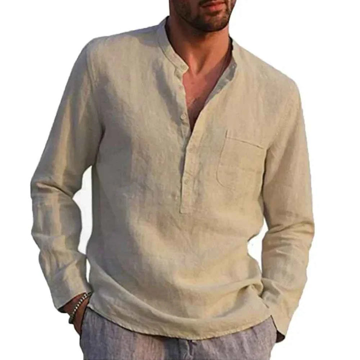 Men's Relaxed Fit Long Sleeve Shirt – Casual Natural Fabric with Stand-Up Collar Khaki