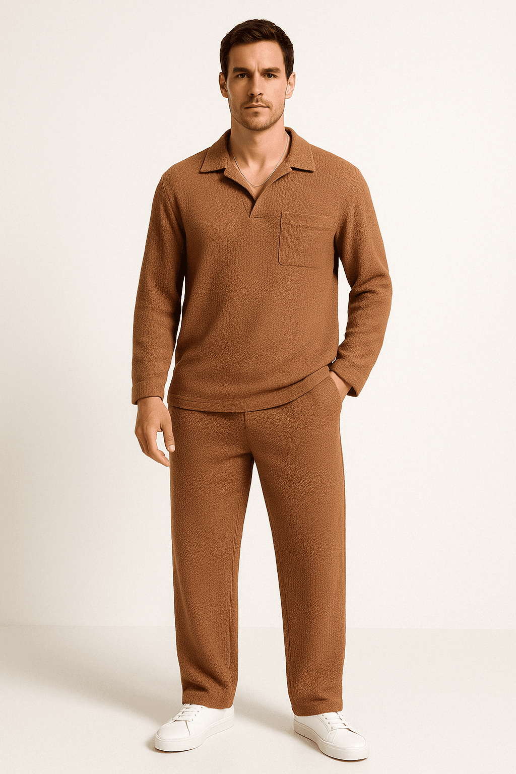 Men's Relaxed Fit Lounge Set – Soft Knit Long Sleeve & Straight Pants Caramel