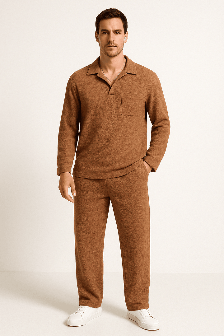 Men's Relaxed Fit Lounge Set – Soft Knit Long Sleeve & Straight Pants Caramel