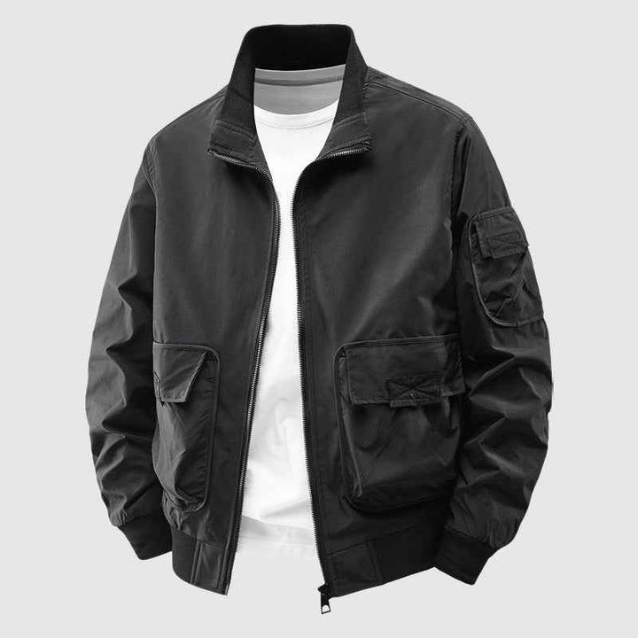 Men's Relaxed Fit Outdoor Jacket with Stand Collar and Ribbed Trim Black