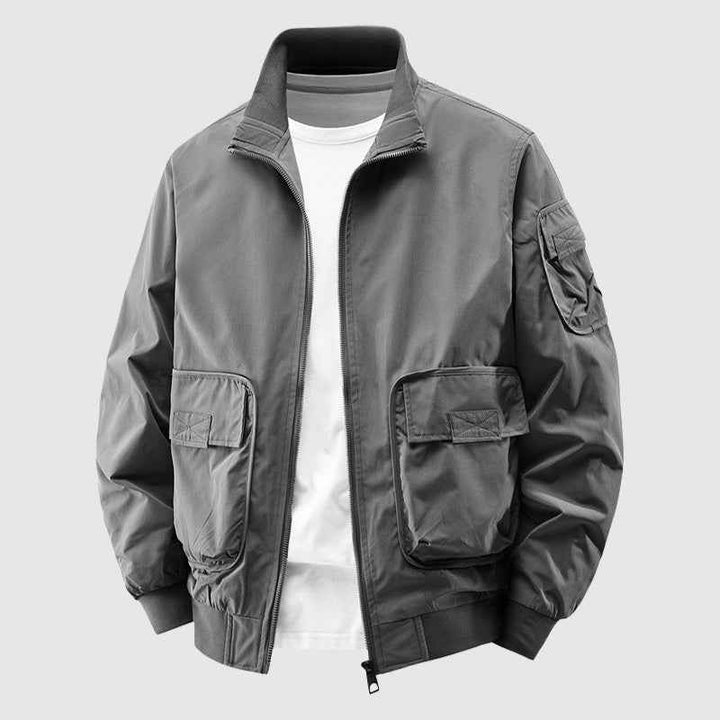 Men's Relaxed Fit Outdoor Jacket with Stand Collar and Ribbed Trim Gray